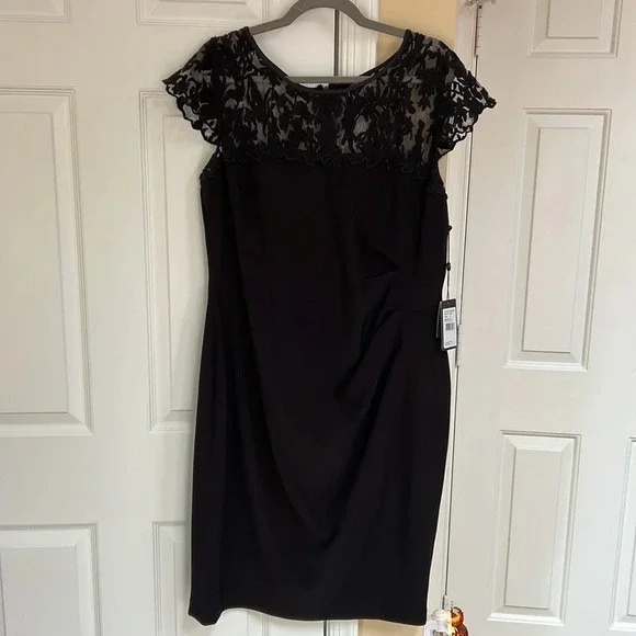 Adrianna Papell Womens Black Lace Ruched Party Cocktail Dress - Picture 2 of 6